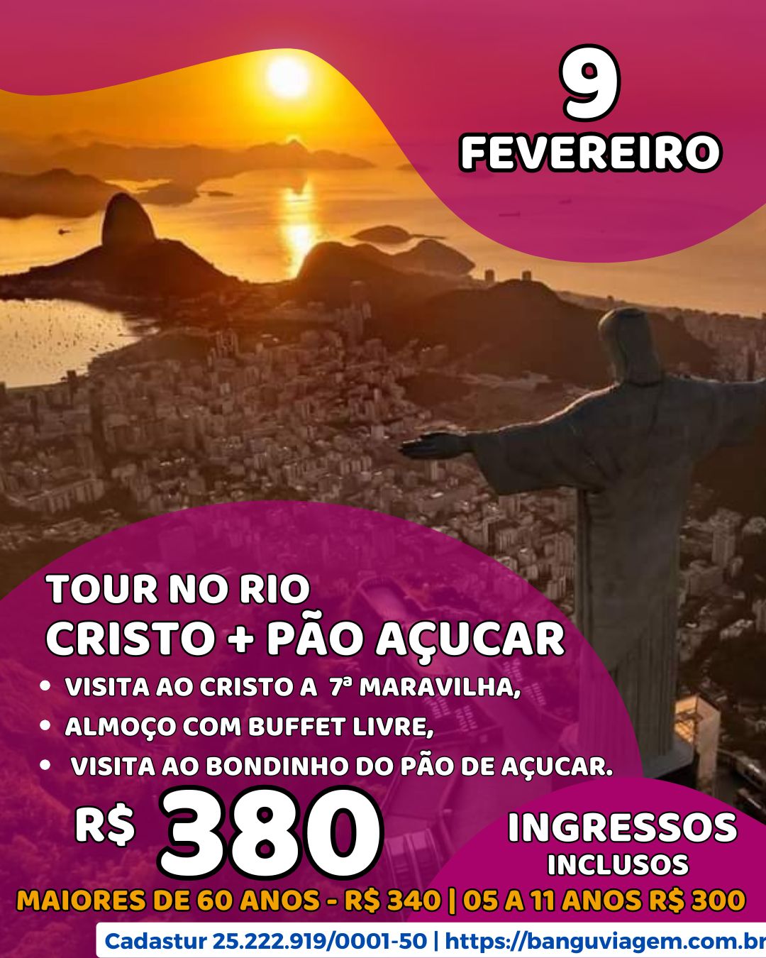 Excursão Rio de Janeiro: Cristo Redentor  mais Pão de Açúcar e Almoço com Buffet Livre – Fevereiro 2025